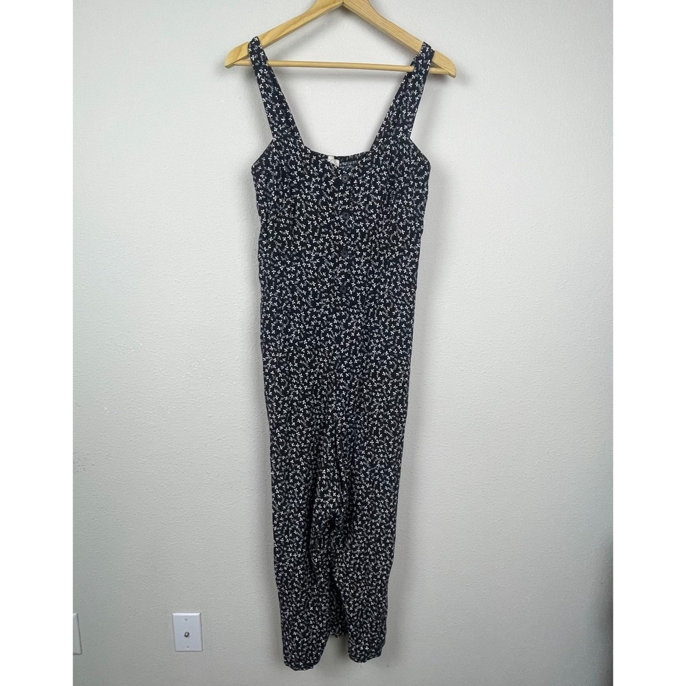 Loft Outlet Jumpsuit L Black Floral Smocked Back Rayon Cottagecore Boho One Piec